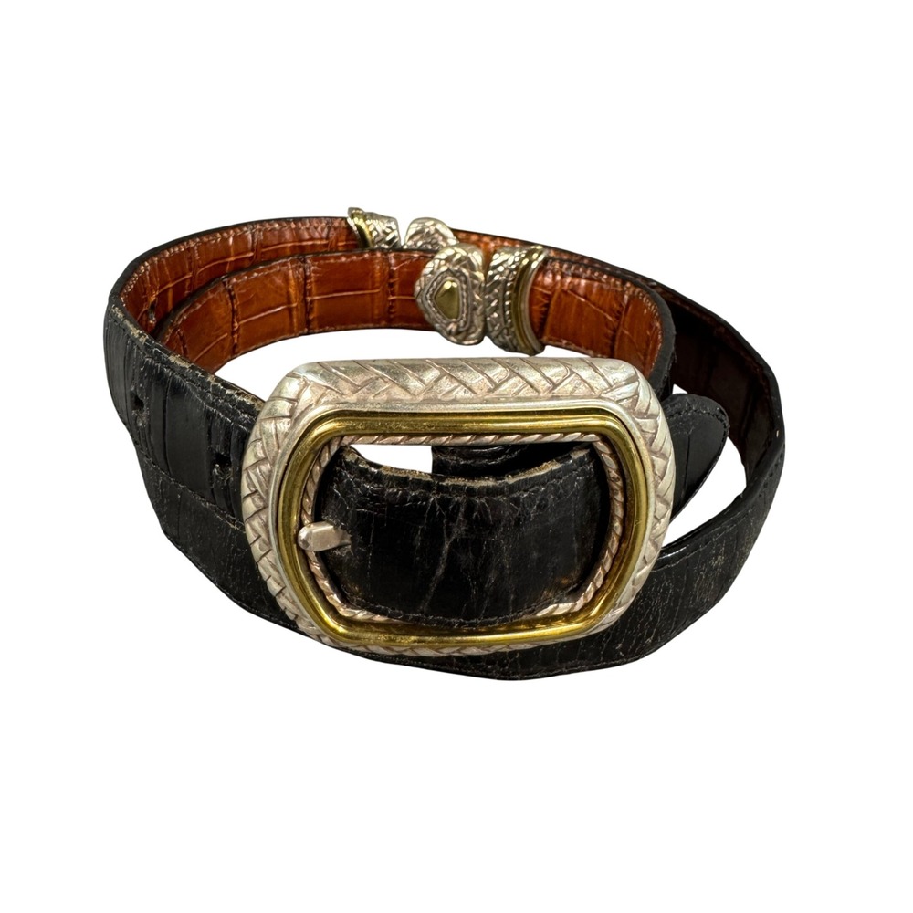 Black Croc Embossed Reversible Leather Belt Silver Gold Mixed Metal Buckle 30